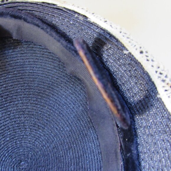 SALE Vintage Mid Century Hat Navy Weave White Trim Tear Drop Shape - Picture 13 of 13